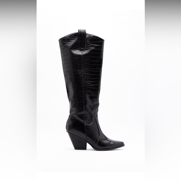 Y2K Retro Black Knee High Alligator Chunky Heeled Cowboy Boots 41 - Picture 2 of 10